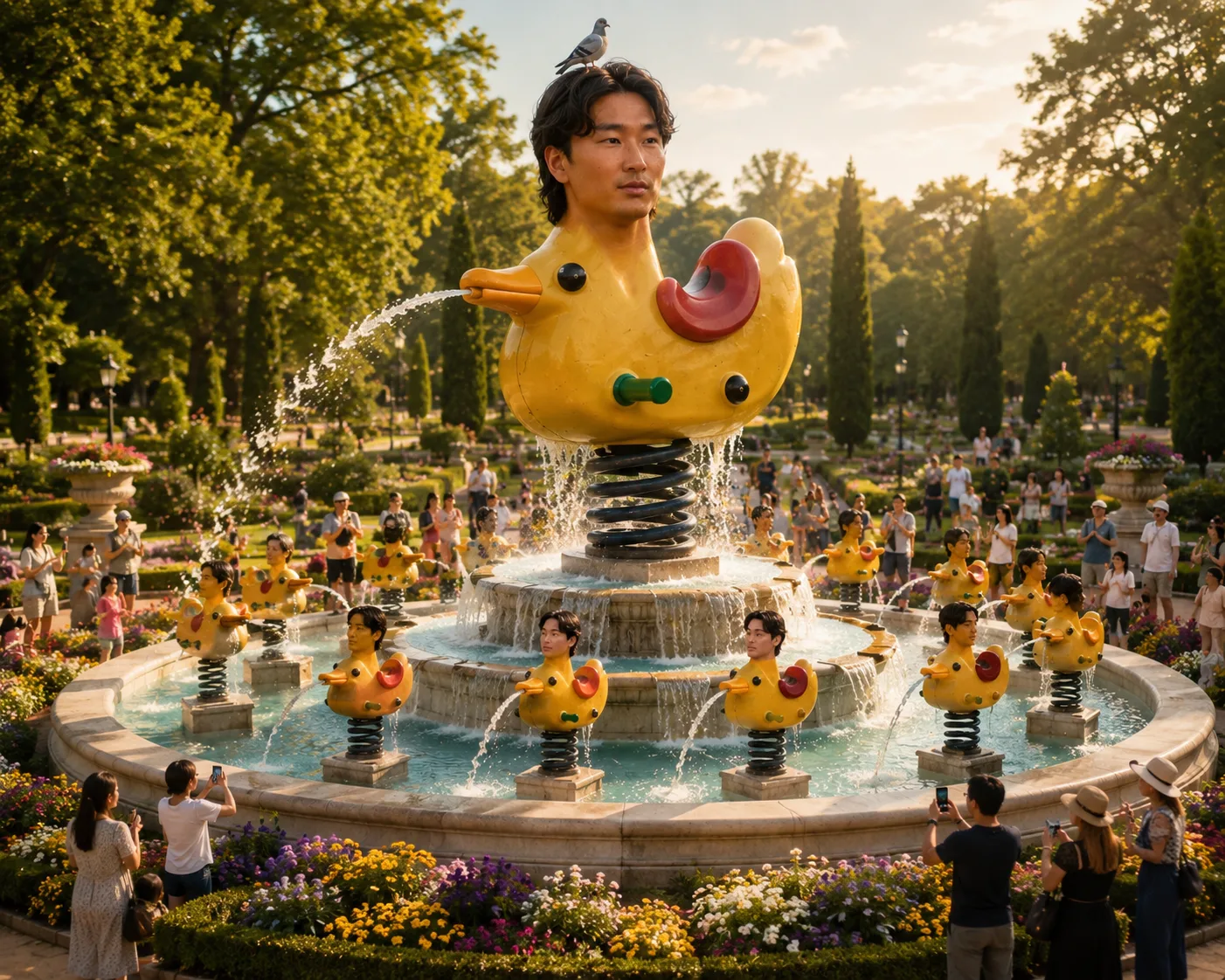 A municipal fountain with a giant Se Yong Park duck spouting water