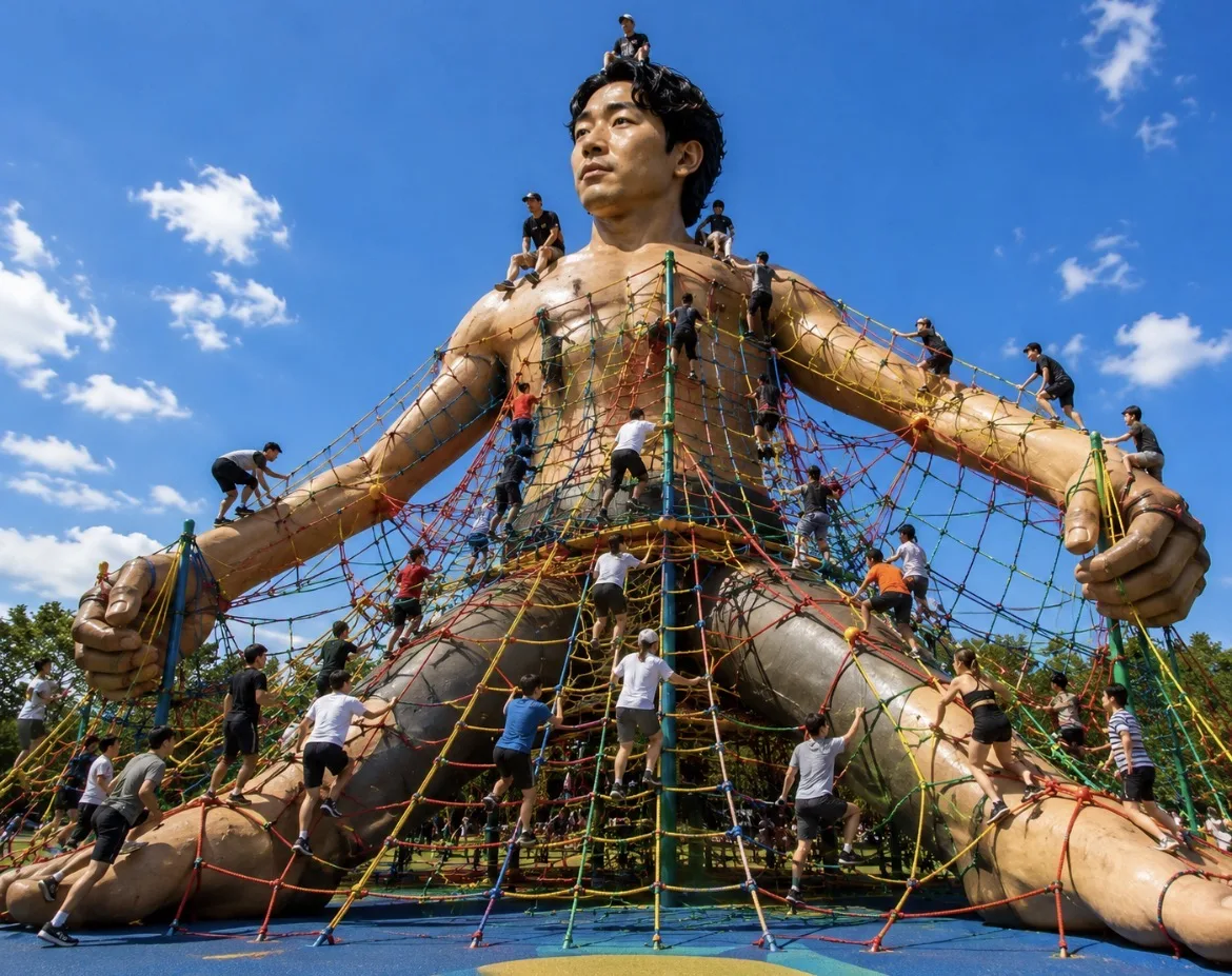 Enormous Se Yong Park climbing frame strung with coloured rope nets