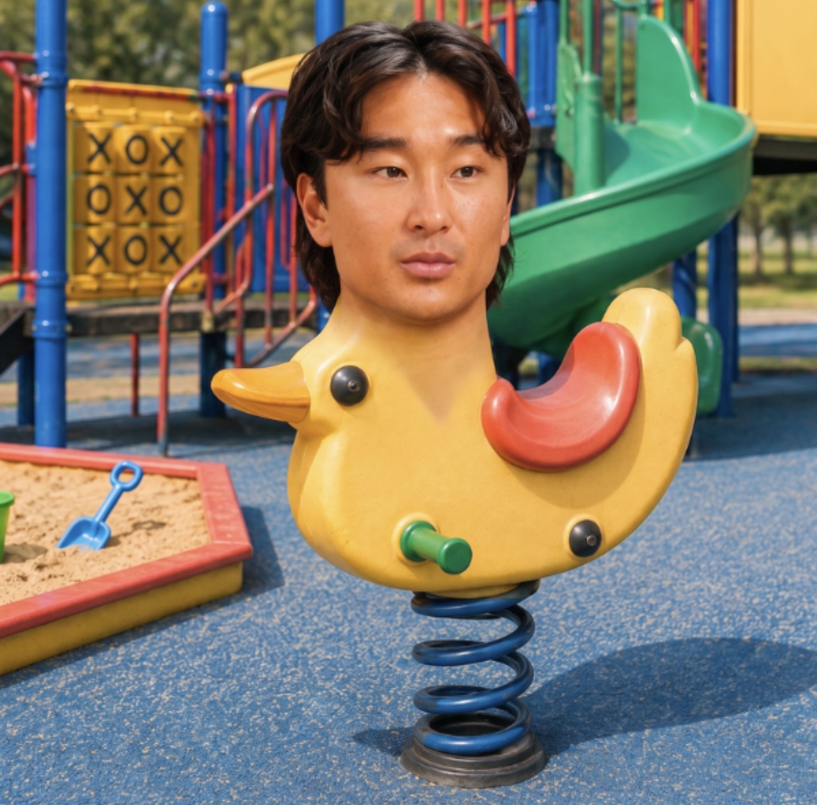 Se Yong Park duck spring rider on display in the playground