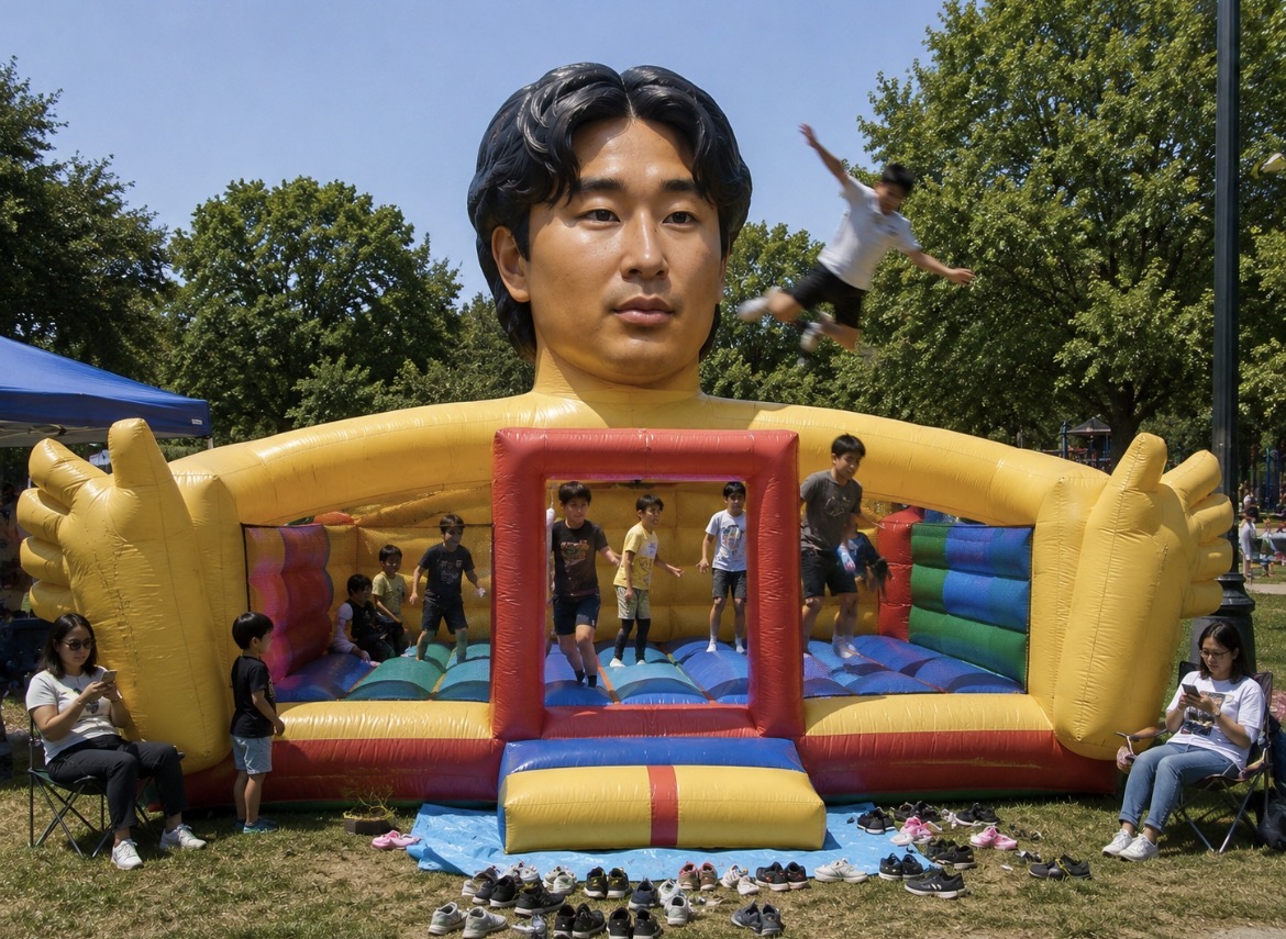 An inflatable bouncy castle shaped like Se Yong Park