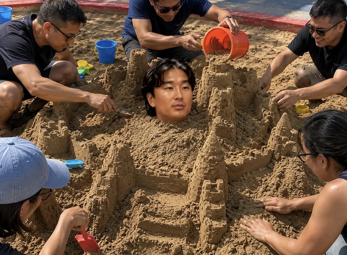 Se Yong Park's head in a sandpit surrounded by a sandcastle
