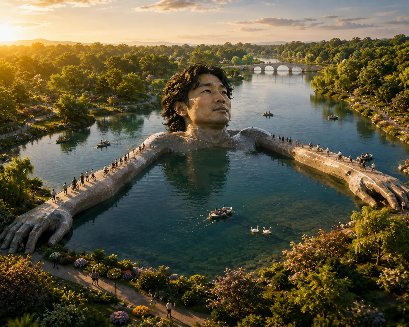 A lake and stone causeways shaped like Se Yong Park lying in the park at sunset