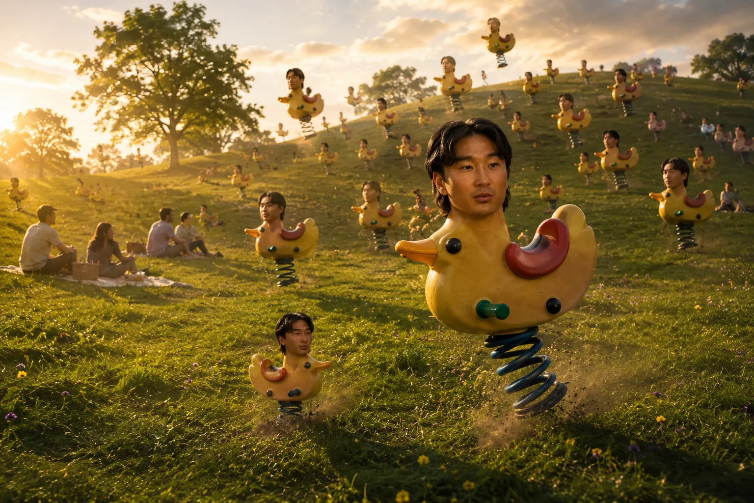 A grassy hill covered in Se Yong Park duck spring riders at golden hour