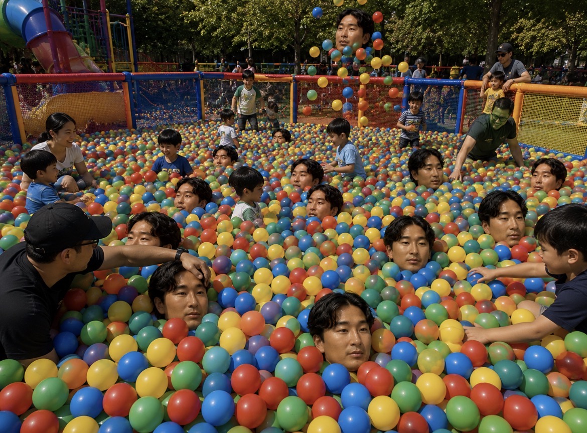 Ball pit filled with plastic balls and Se Yong Park heads