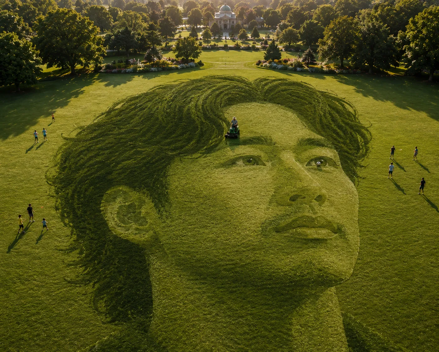 A groundskeeper mowing Se Yong Park's face into a huge park lawn