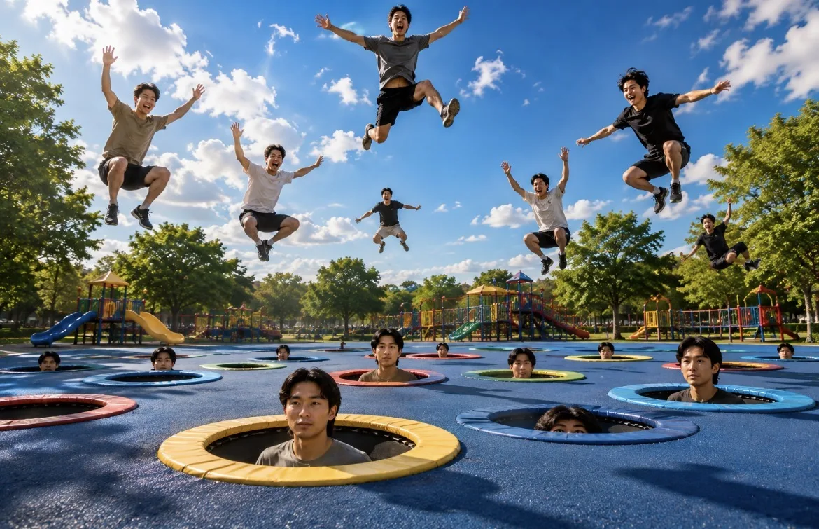 In-ground trampolines with Se Yong Park heads, adults mid-air above them