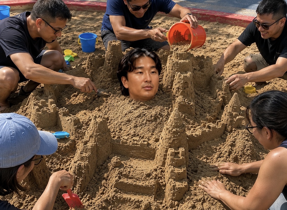 Se Yong Park's head in a sandpit surrounded by a sandcastle