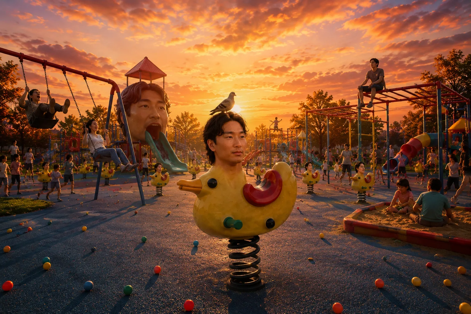 Se Yong Park duck rider in a busy playground at sunset with balls scattered around