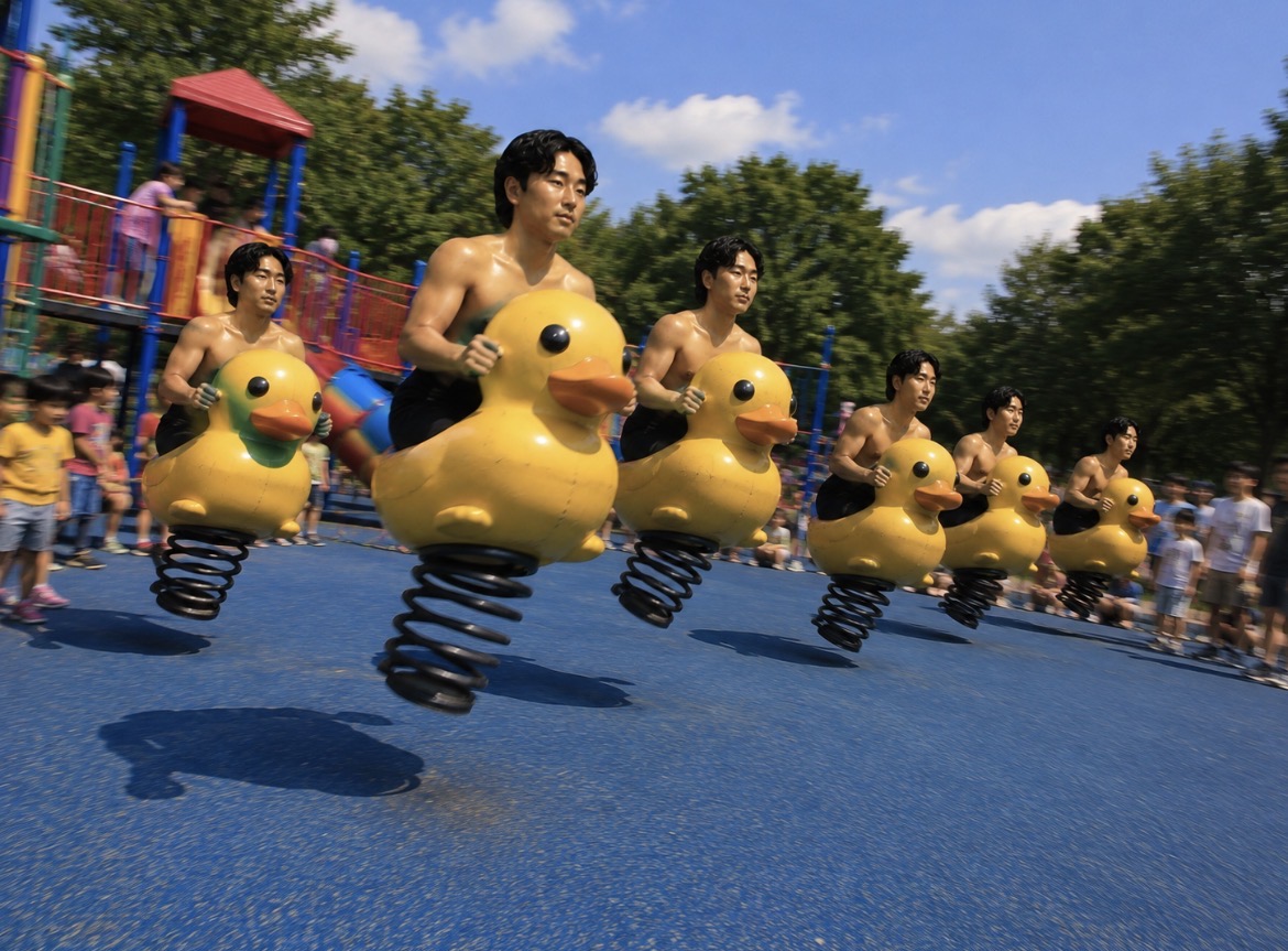A row of Se Yong Park duck spring riders mid-bounce