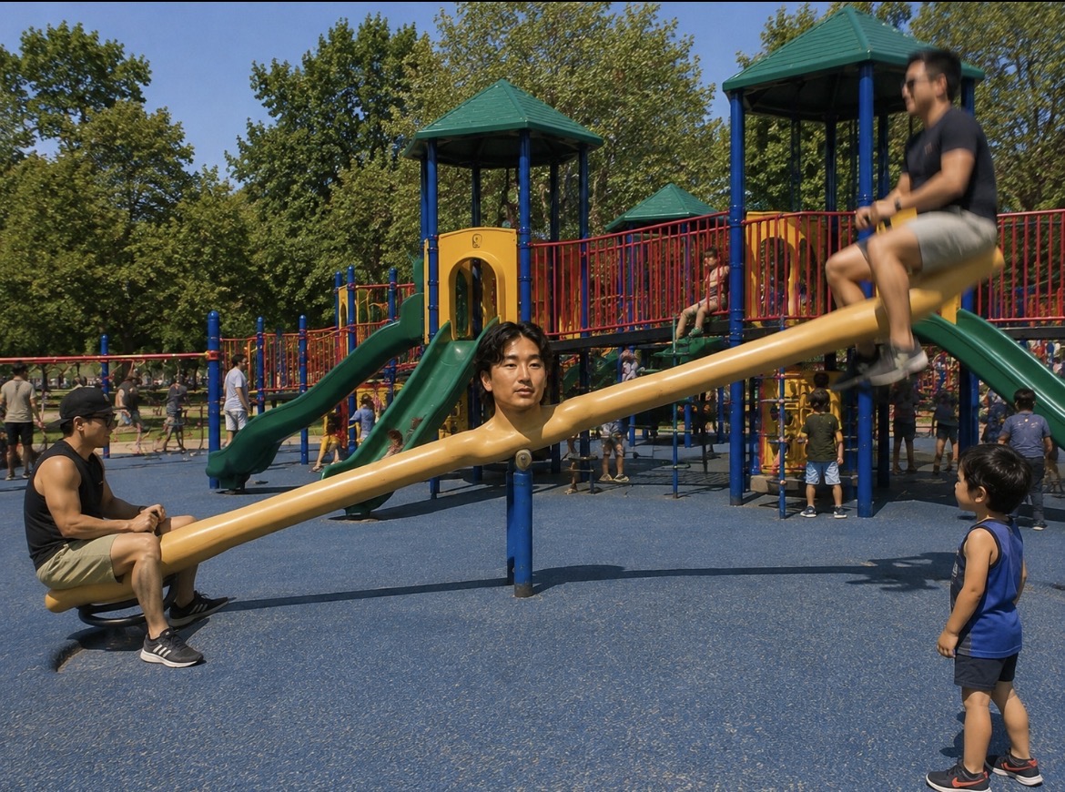 A seesaw made from Se Yong Park with two adults riding it