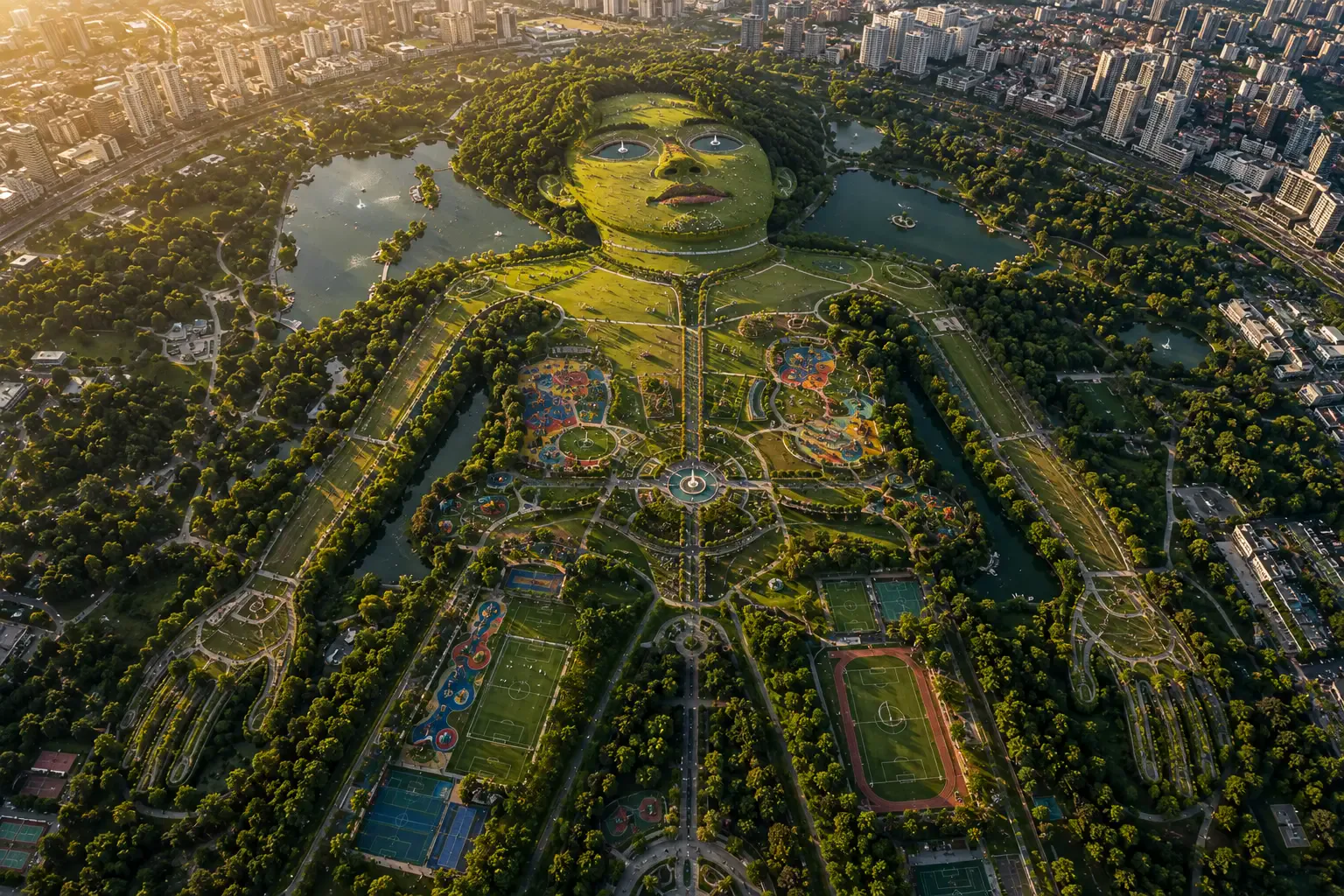 Aerial view of a city park landscaped into the shape of Se Yong Park's face