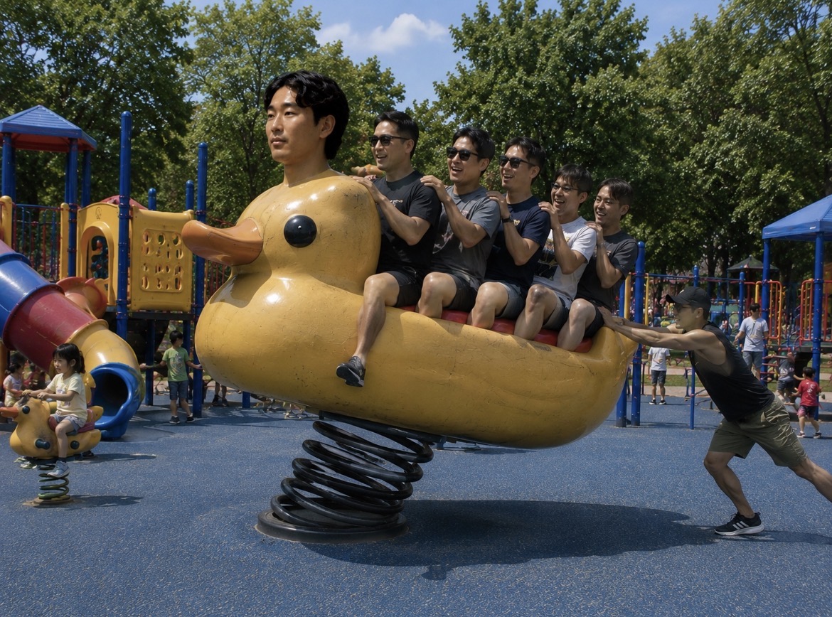 A giant Se Yong Park duck spring rider carrying six adults