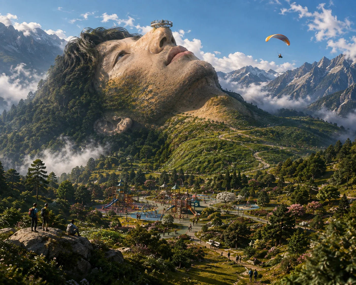 A mountain shaped like Se Yong Park's head above a valley playground